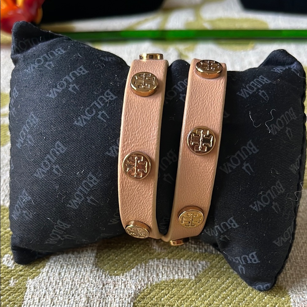 Tory Burch Tan Leather Double Wrap Bracelet with Gold Accents